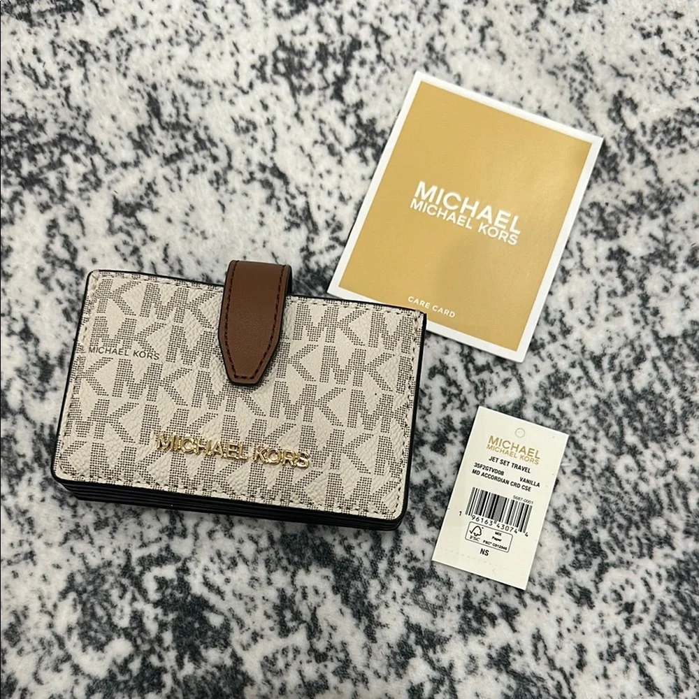 Michael Kors Cream and Brown Logo Card Case Wallet